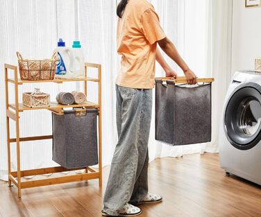 Кошик для білизни YOUDENOVA з бамбукового каркасу, 2 відсіки, 2 висувні мішки для білизни, 93x64x33 см, 70 л, сірий