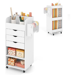 Роликовий контейнер COSTWAY з 3 висувними ящиками, робочий візок з 2 ручками та 3 полицями, дерев'яний шафка на колесах, багатофункціональний візок для офісу/кабінету (білий)