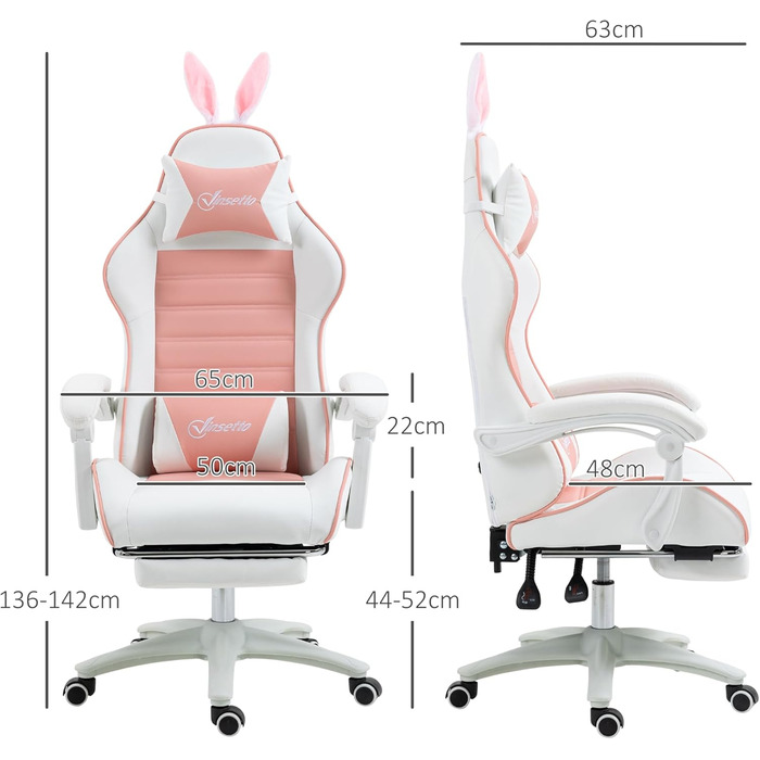 Крісло геймерське Vinsetto Ergonomic з підніжкою, подушкою для голови та попереку, регульованою спинкою, рожеве