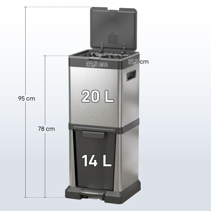 Сміттєвий відер з педаллю та розділенням 20+14 л, нержавіюча сталь, з кришкою та вийманими внутрішніми контейнерами, 32,5 x 31,5 x 78 см, сріблястий