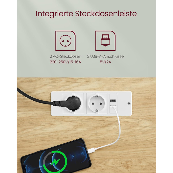 Електричний регульований стіл VASAGLE з пам'яттю висоти, з розетками та ящиком для зберігання, хмаринно-білий + золотий дуб, LSD112W01