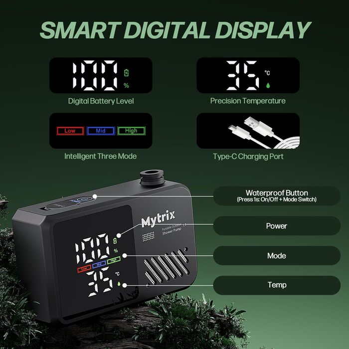 Митрікс Портативна душова система для кемпінгу: 10 л/хв, акумулятор 7800mAh, 4 режими, IPX8, для подорожей, автомийки, чорна