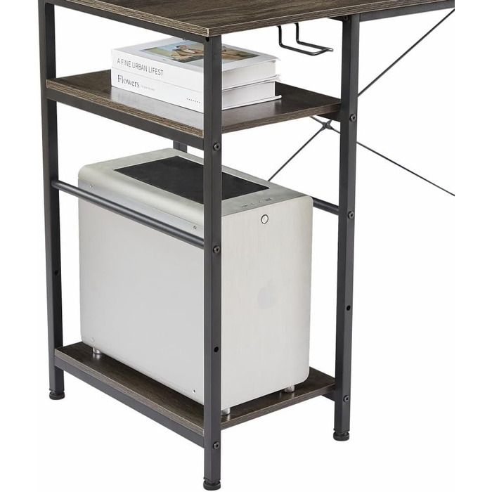 Кутовий ігровий стіл L-подібний з LED-підсвічуванням та розетками, 140x140 см, сірий, з полицями та кишеньками для дому та офісу