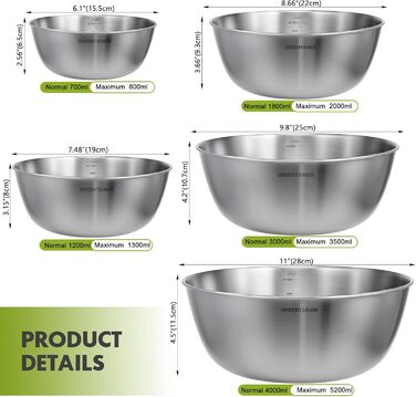 Набір салатників та мисок з нержавіючої сталі, 5 шт. - для кухні, міксування та сервірування