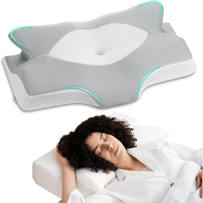Ортопедична подушка для шиї Elviros з піни Memory Foam, ергономічна, для сну на спині, боці та животі, знімний охолоджуючий чохол, 64×(11,5/13)×40 см, сірий