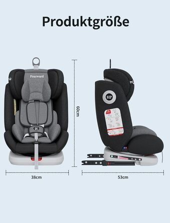Автокрісло Fourward для дітей 0-36 кг, 360° обертання, ISOFIX, 5-точкова система безпеки, чорний колір
