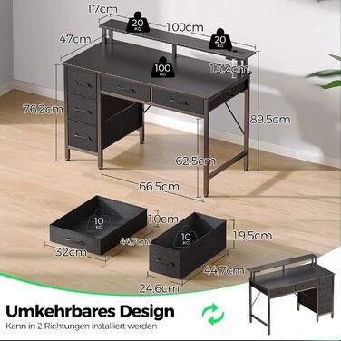 Комп'ютерний стіл Seventable з розетками та LED-підсвічуванням, 100 см, ігровий стіл з 5 ящиками та підставкою для монітора, для офісу, робочого кабінету, спальні, вітальні, чорний