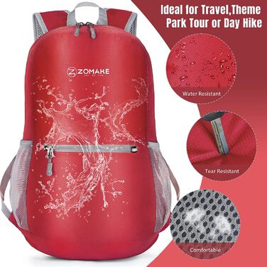 Надлегкий складаний рюкзак ZOMAKE об'ємом 20 л, невеликі рюкзаки, водонепроникний похідний рюкзак, що упаковується рюкзак для жінок і чоловіків, походи на відкритому повітрі (червоний)