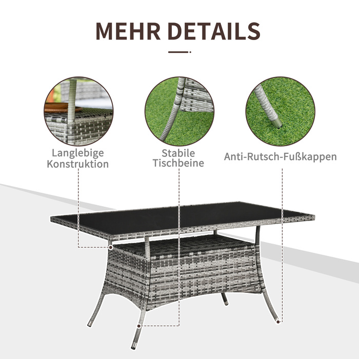 Outsunny Garden Table Стіл з полі ротанга зі скла 150x85x74см із захисним склом у сіро-чорному кольорі для саду, балконної тераси