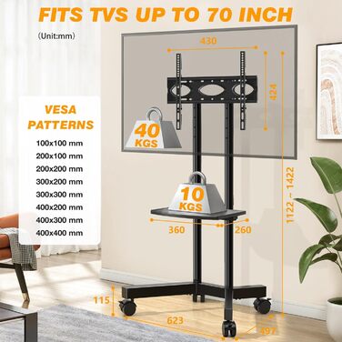 Тумба під телевізор TVON Rollbar 32-70 дюймів, регулюється по висоті з полицею, до 40 кг, VESA 400x400 мм