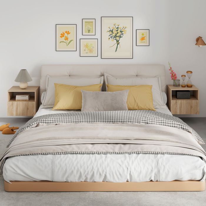 Приліжкова тумбочка з мінімалістичним дизайном без ручок, з відкритою полицею та висувним ящиком, для кріплення до стіни, у світло-коричневому кольорі.