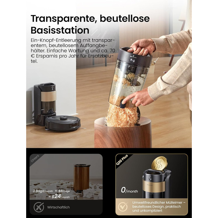 Робот-пилосос Proscenic Q20Plus з функцією миття, 10000Pa, 200хв, бездротовий, самостійна очистка, 3-в-1 для тварин, килимів, твердих поверхонь, чорний