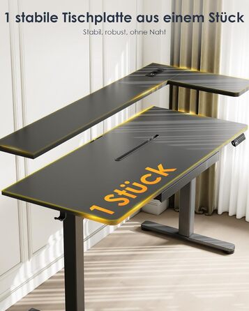 Регульований стіл OffiGo 140x60 см з L-подкоркой, USB-роз'ємом та висувною шухлядою. Чорний колір.