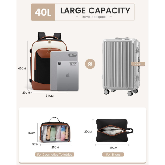 LOVEVOOK Рюкзак для ручної поклажі, 40L, для подорожей, з відділенням для ноутбука, водонепроникний, чорно-бежево-коричневий