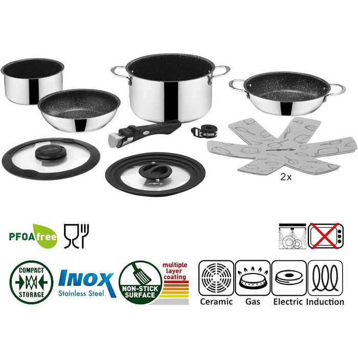 Набір посуду для кемпінгу з нержавіючої сталі з антипригарним покриттям - ø 20/22 см (4/5/7 шт.) - Academy NG - Електрична/газова/індукційна - Легка та компактна