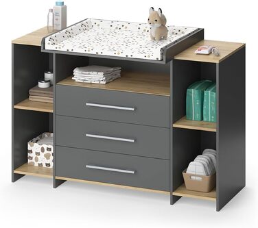 Комод-ліжко Vicco Oskar з приставкою-ліжком, сірий, 143 x 100 см XL з шухлядами, білий/сірий (антрацит/золотий дуб)