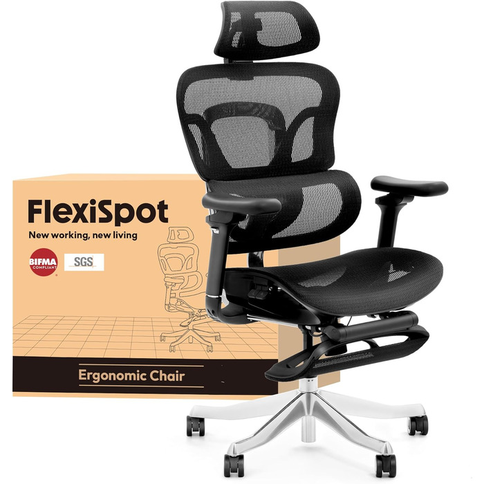 Офісний стіл FLEXISPOT ErgoX з регульованою спинкою, підлокітниками та підголівником. Максимальне навантаження: 130 кг. Чорний колір.