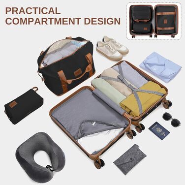 KONO Набір валіз: 6 частин, дорожній набір, багаж, косметичка, ручна сумка, культиватор (Чорний/Коричневий)