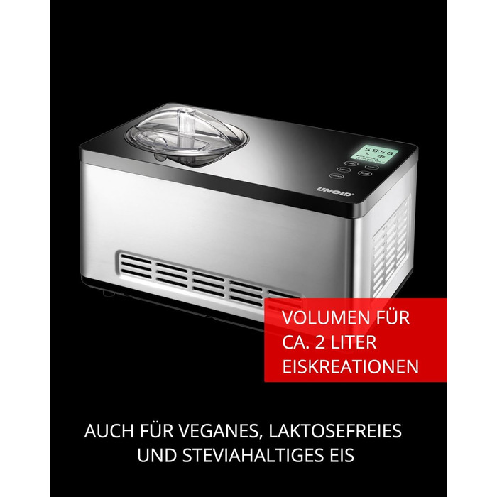 Морожениця UNOLD 48845 Gusto, 180 Вт, 2 л, нержавіюча сталь, РК-дисплей, таймер, самоохолоджуючий компресор