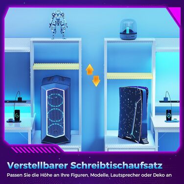 Ігровий стіл Coleshome з полицею та шухлядами, 137x48 см. Стіл для геймінгу з LED-підсвічуванням, розеткою, місцями для зберігання та підставкою для монітора. Колір: карбонове волокно.