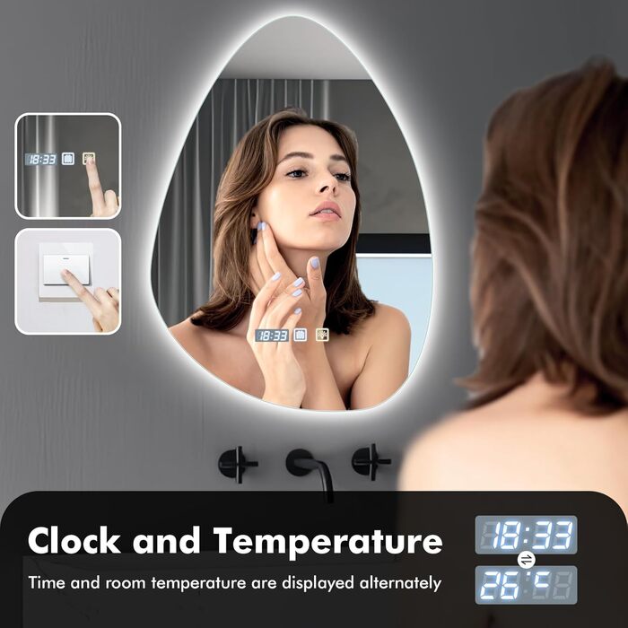 Круглий дзеркало для ванної кімнати з підсвічуванням, 60 см, антизапар, LED, Bluetooth, сенсорне управління, 3000K-4000K-6500K, регулювання яскравості, HD-загартоване скло, дзеркало для ванної кімнати з підсвічуванням (500x700 мм, краплеподібної форми)