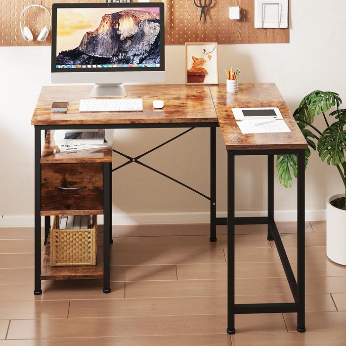 Письмовий стіл Dripex L-подібний з полицею, коричневий (130x80 см)