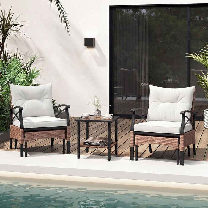 Садовий набір меблів COSTWAY з ротангу, 5 предметів: 2 крісла з подушками, пуф та стіл для балкона, тераси, саду (коричневий + бежевий)