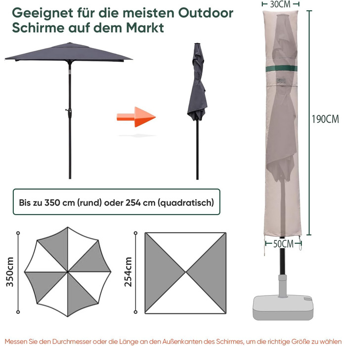 Захисний чохол для садово-паркового парасоля Sekey з вентиляційними отворами, 100% поліестер, водонепроникний, 190 x 30/50 см, хакі