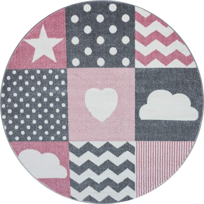 Дитячий килимок Heart-Stren Check Design рожевий - килим з коротким ворсом Дитяча кімната для дівчаток і хлопчиків Легкий догляд - ігровий килимок, який можна прати Дитячий килимок Ігровий килимок Дитяча кімната (120 см круглий, рожевий)