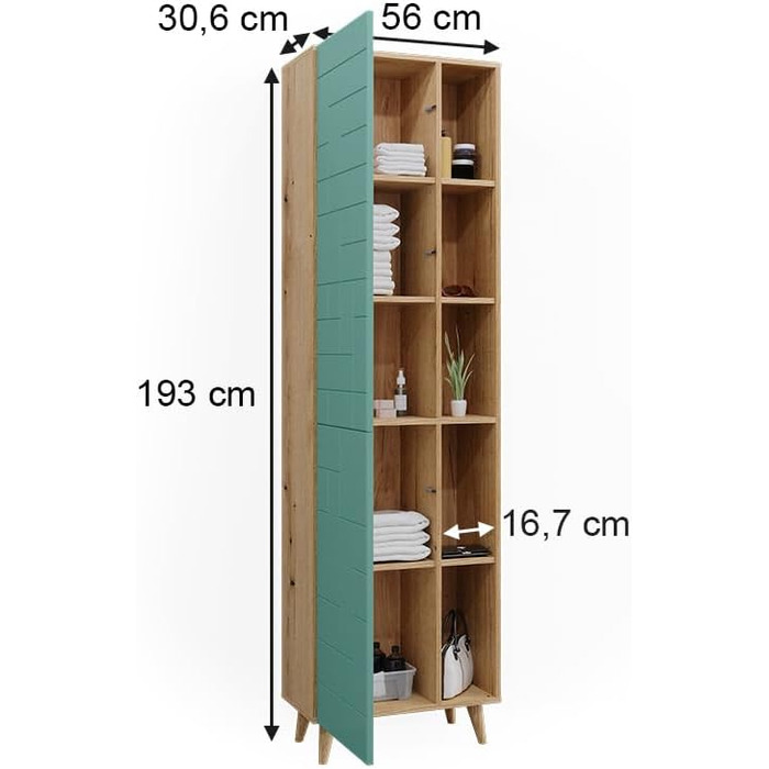 Шафа для ванної кімнати Vicco Rudi, м'ятний зелений/дуб, 56x193 см, двері та відкриті відділення, висока шафа Mint Green