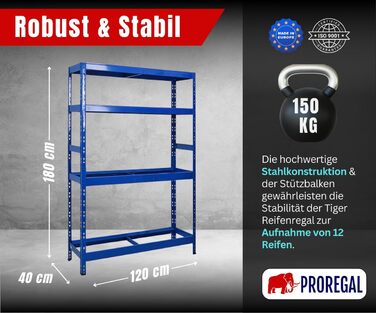 Стелаж для шин PROREGAL Tiger XL: 200x180x45 см, 300 кг навантаження, до 205/55 R16, для майстерні, складу, підвалу (12 шин + 2 полиці, блакитний)