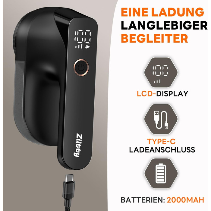 Електричний видалення ворсу Ziitty: 3 режими, 6-клинковий насадка, для різних тканин, Type-C зарядка, щітка для чищення