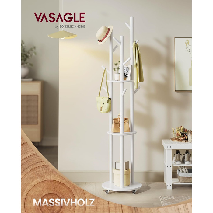 Стійка для одягу VASAGLE з 11 гачками та 3 полицями, набір для передпокою, спальні, вітальні, RCR023B01 (Хмарний білий)