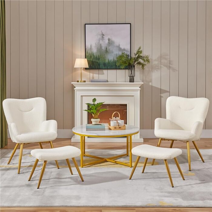 Крісло-навушник Yaheetech з пуфом з тканини Boucle, крісло для відпочинку з підставкою для ніг, розкладне крісло для вітальні/спальні, колір слонова кістка