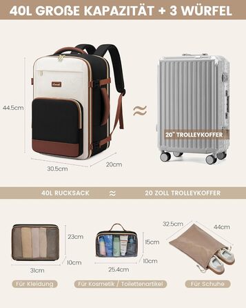 LOVEVOOK Рюкзак ручної поклажі, 17.3 дюйми, 40L, для подорожей та бізнесу, водонепроникний, для жінок, 45x30x20см, 4 кольори (Teegrün, Beige, Schwarz, Braun)