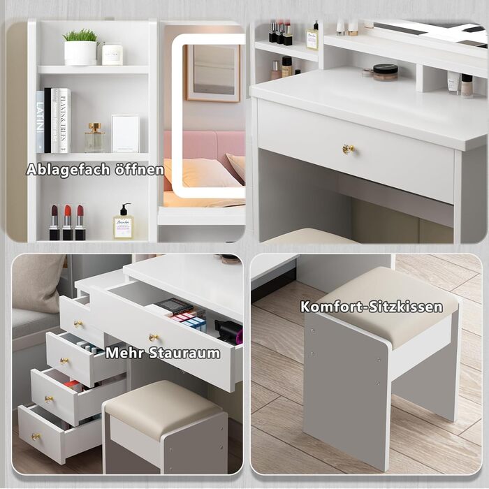 Дзеркальний туалетний столик з LED-підсвічуванням та пуфом, 6 шухляд, 3 відкриті полиці, для спальні, білий, з дерева