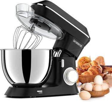 Кухонна машина 9.5л з планетарним міксером, 1500W, DOBBOR, з набором насадок (міксер, гак для тіста, вінчик), захист від бризок, 7 швидкостей, чорний колір