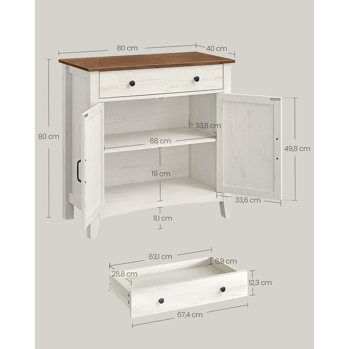 Шафа VASAGLE для кухні, комод з шухлядами, шафа для зберігання з дверцятами, регульована полиця, стиль кантрі, для вітальні, кухні, їдальні, 40 x 140 x 80 см, вінтажно-білий + медовий (BBK381W02)