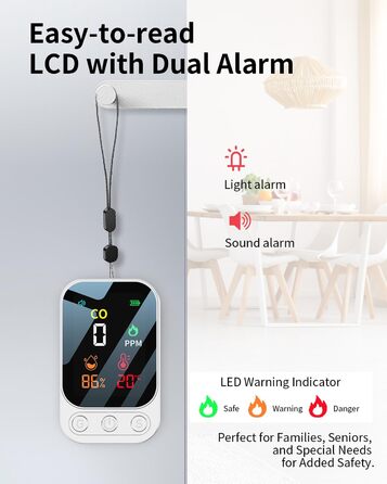 Детектор CO YEREADW 3-в-1: портативний детектор вуглекислого газу з індикатором температури та вологості, для дому, кемпінгу, 1 шт.