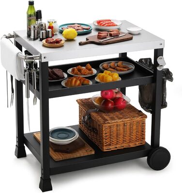 Grillwagen LIFERUN з нержавіючої сталі, 3 яруси, стіл для гриля, вуличний, з нержавіючою сталею, з гачками, на колесах