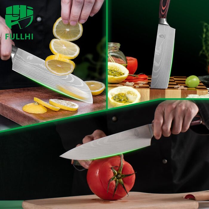 Японський набір ножів Fullhi 15 предметів з магнітним підставкою, з високоякісної сталі, ергономічні ручки, для професійної та домашньої кухні