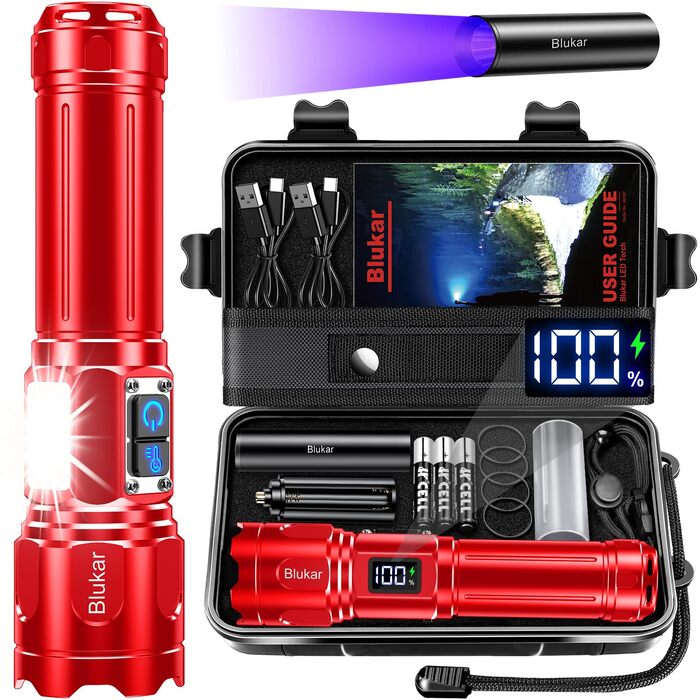 Ліхтарик Blukar LED з двома кольорами температури, бічне COB-світло, акумуляторний, яскравий, з регулюванням яскравості та зумом, 7 режимів, водонепроникний, для кемпінгу та надзвичайних ситуацій (Червоний)