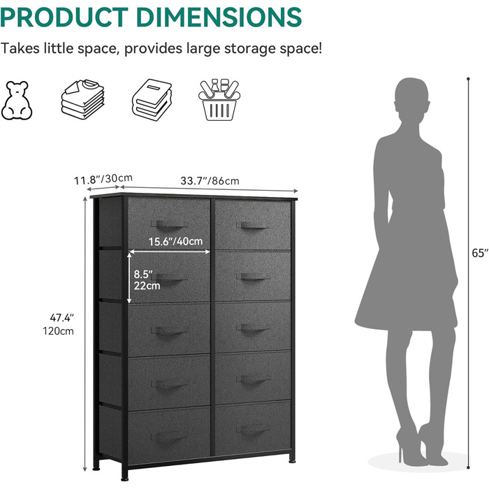 Комод з 10 тканинними шухлядами, індустріальний стиль, темно-сірий, для спальні/вітальні/дитячої кімнати