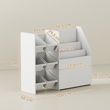 Поличка для іграшок у дитячу кімнату з 6 контейнерами, книжкова полиця, мобільний ящик, розміри 100 x 30 x 80 см, МДФ, сталь, білий