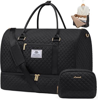 LOVEVOOK Складаний дорожній саквояж для жінок, 2-в-1, з сумкою для взуття, водонепроникний, для ручної поклажі, 53L, чорний
