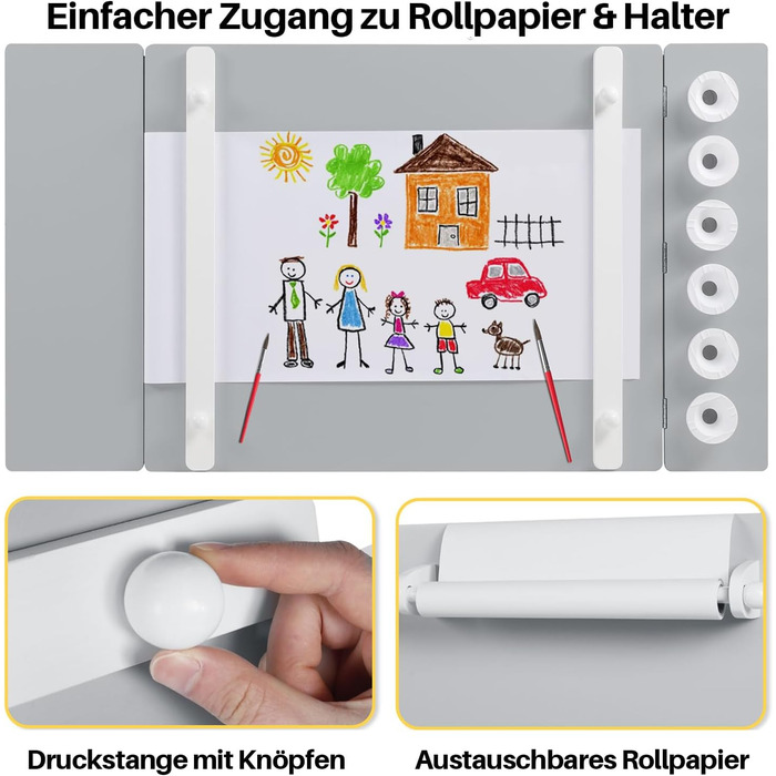 Дитячий стіл Kinder-Kunsttisch-Set з 2 стільцями: дерев'яний активний стіл для малюків з регульованою стільницею, відрами для фарб та 8 тканинними ящиками для зберігання (сірий/білий)