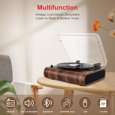 Вініловий програвач VOSTERIO Bluetooth з вбудованими HiFi стерео динаміками, підтримкою 3 швидкостей (33/45/78 об/хв), функцією оцифрування вінілових платівок у MP3, FM-радіо, USB, TF, Aux-In, RCA, LED-дисплеєм