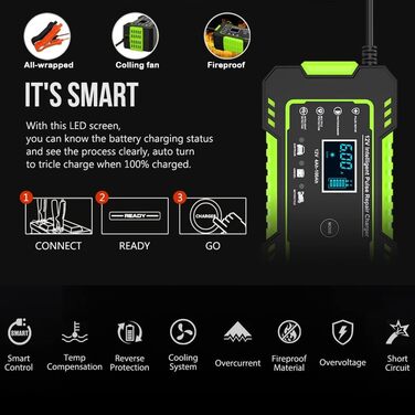 Зарядний пристрій для акумулятора 12V GREEN - автоматичний, інтелектуальний, з LCD, для авто, мото, газонокосарки, човна