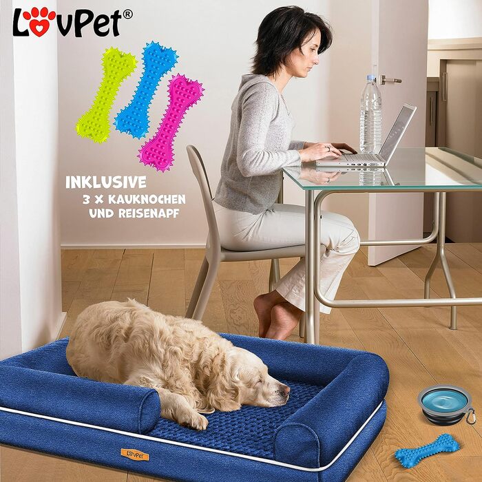 Лежак для собак з мискою та 3 шт. кісточками, диван для всіх собак, знімний чохол, можна мити, 9722см (XL), темно-синій