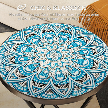 Outsunny Side Table Складаний садовий стіл з мозаїчним дизайном, Ø35,5 x 55 см Круглий стійкий до погодних умов металевий балконний стіл, Кемпінговий стіл Розкладний стіл Журнальний столик для вітальні, офіс, Відкритий Внутрішній, Синій, Синій